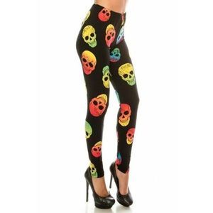 X-Plus‎ Womens Buttery Soft Black Yellow and Red Colorful Sugar Skull Leggings